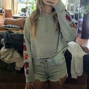 Pacsun Gray Crop Tiger Rose Embroidery Hoodie